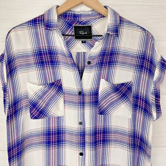 Rails Britt Plaid Button Up Shirt Women XS Cap Short Sleeve Blue White Western - Picture 4 of 13